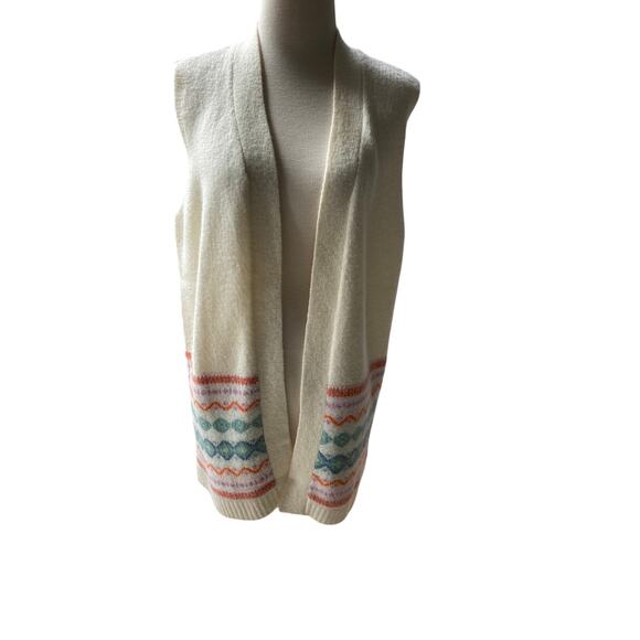 Ivory w/Multi-Color Design Long Open Sweater Vest Size L - Picture 1 of 5